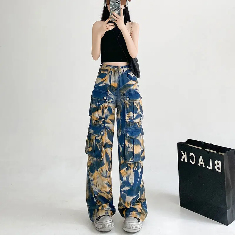 Overall Jeans Heavy Duty Tie-Dyed High-Waist Casual Women Summer New Style Loose Slim Versatile Straight-Leg Wide-Leg Trousers