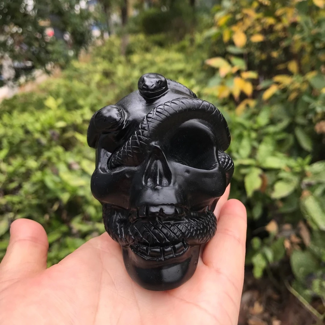 10cm Natural Obsidian Double Snake Skull Figurine Crystal Carved Statue Home Ornament art collectible Gift 1pcs