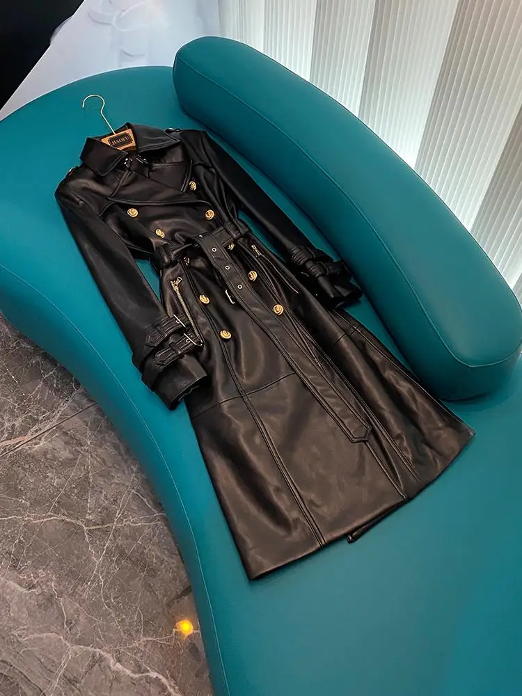 

Кожаное длинное пальто Ele Bla, женский пояс с двумя рядами и пуговицами, высокое качество, Новое поступление A799