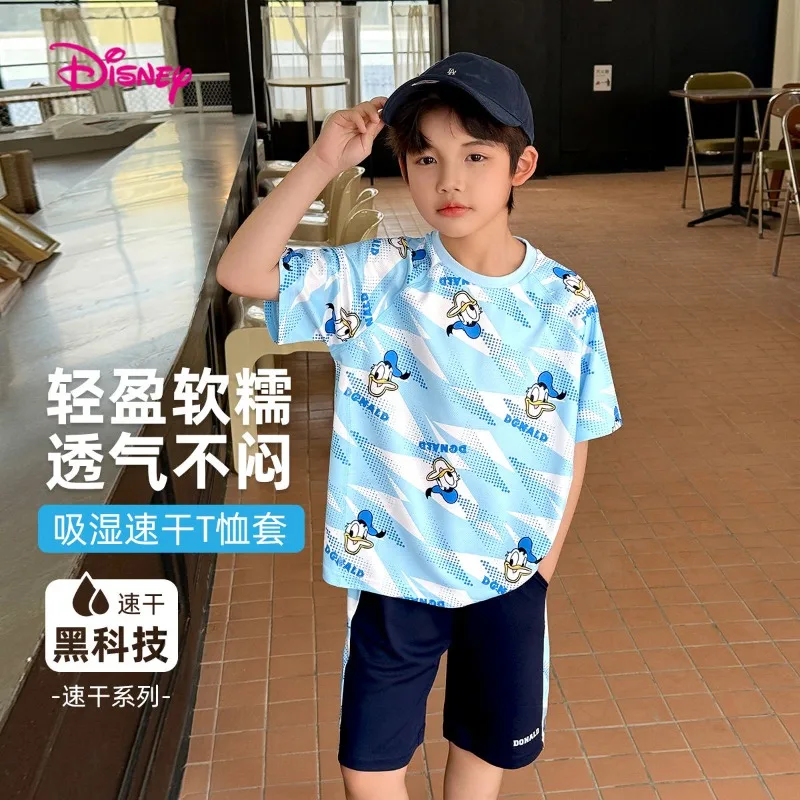 مجموعة تي شيرت ديزني دونالد داك ميكي بويز الصيفية المبتكرة بنمط طباعة الرسوم المتحركة المريحة سريعة الجفاف بأكمام قصيرة