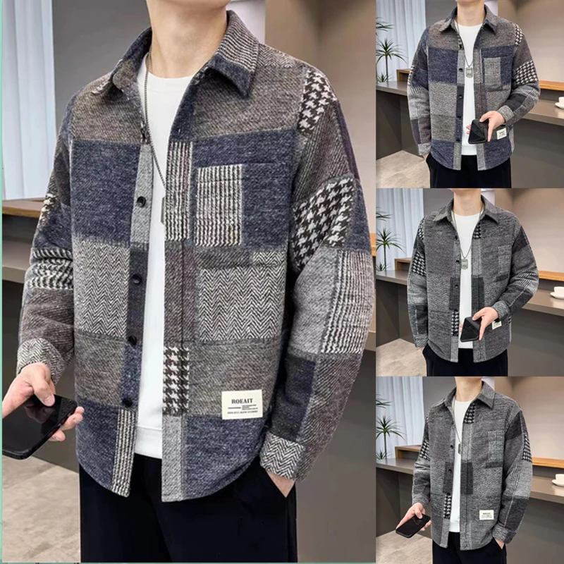 

Осенняя новинка, мужская шерстяная смесь, модная клетчатая шерстяная куртка с винтажным воротником, молодежная модная верхняя одежда, теплая подкладка Fce