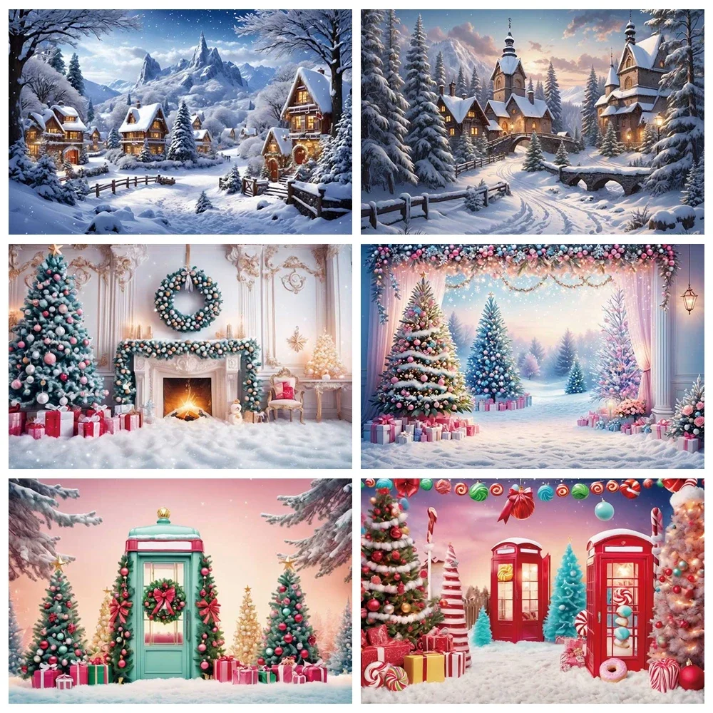 MOON.QG Christmas Trees Snow Scene Photography Backdrops Blue Green Pine Snowflake Photo Zone Background Party Shooting props