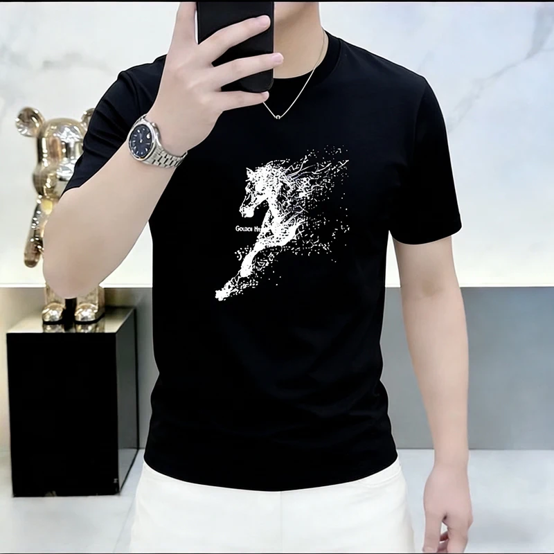 Coolness Horse Print T Shirt For Men Short Sleeve Casual Trendy Summer Quality Cotton Blend Elastic Slim Fit Camisetas De Hombre