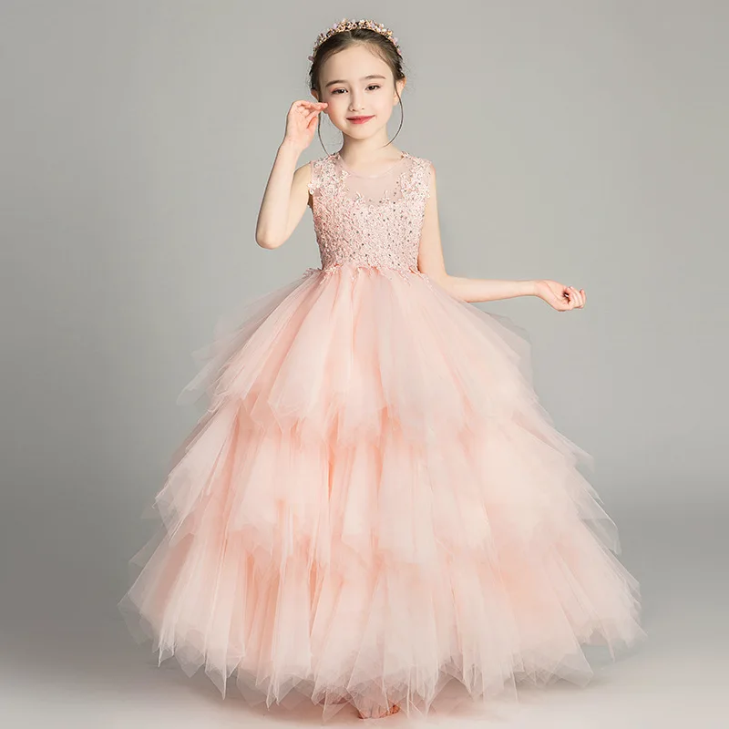 Girls Catwalk Pink Flower Girl Tulle Tutu Wedding Host Piano Performance Dress Princess Dress