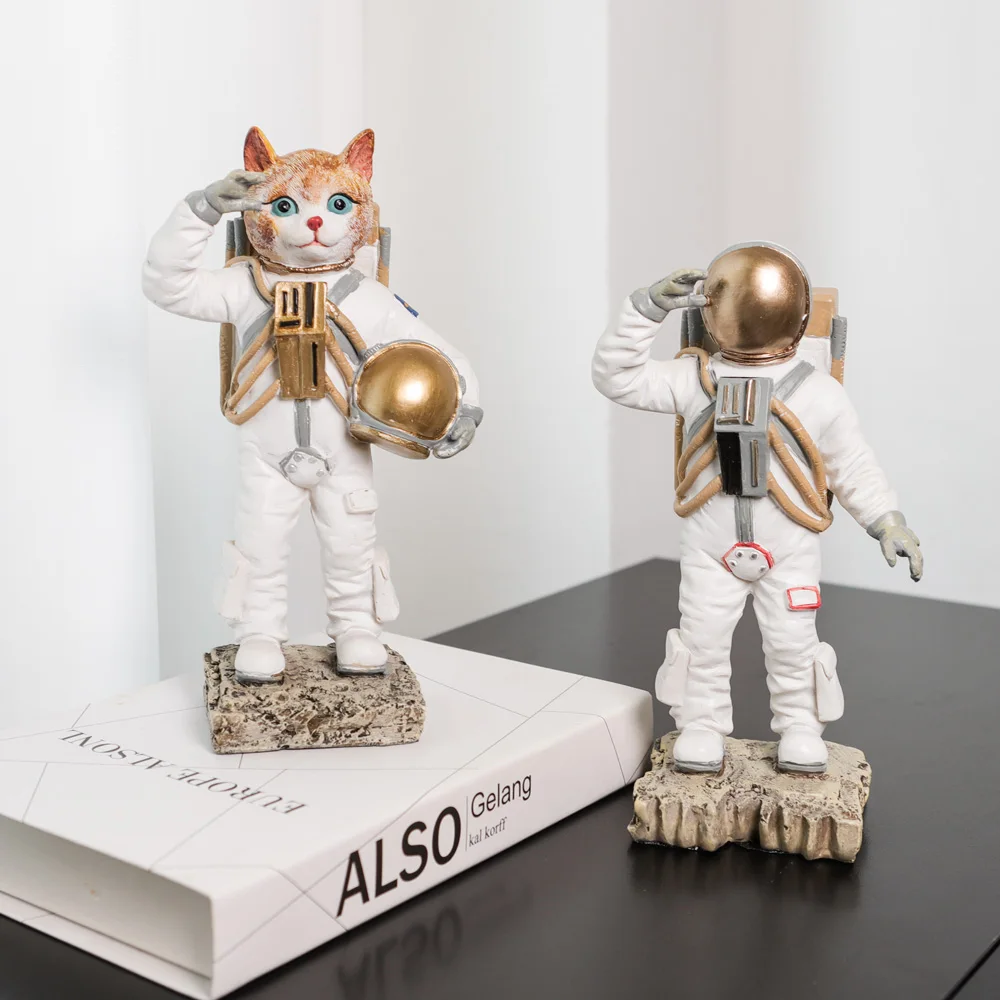 Cat Astronaut Figurine Salute Gesture, Whimsical Space Inspired Art Decorations, Vintage Home Decor Statue, Astronaut Sculptures
