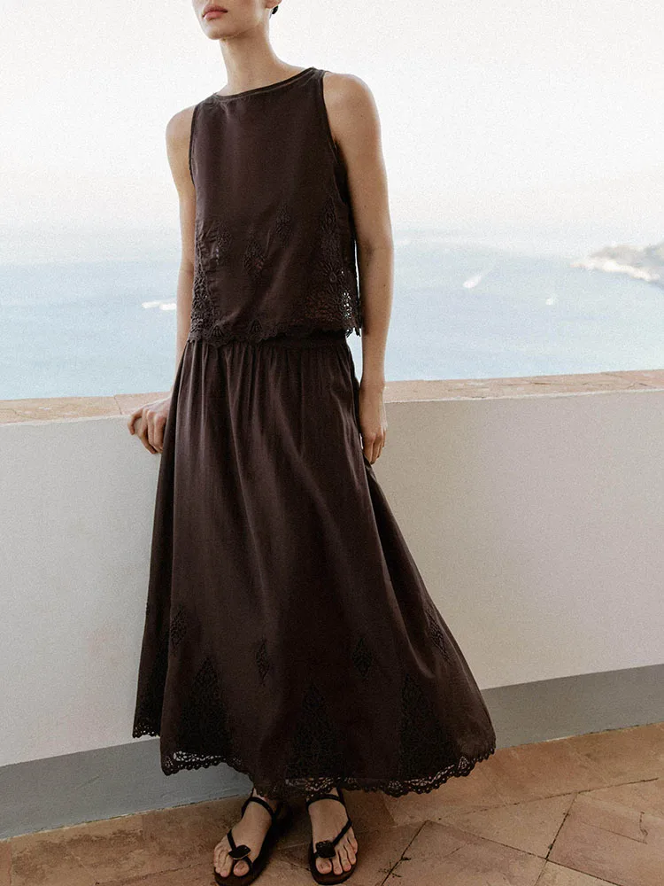 

New Summer 2026 Women's Embroidered Ruffle Top Midi Skirt Set round Neck Sleeveless Loose Fit Traditional Chinese Style Clothing