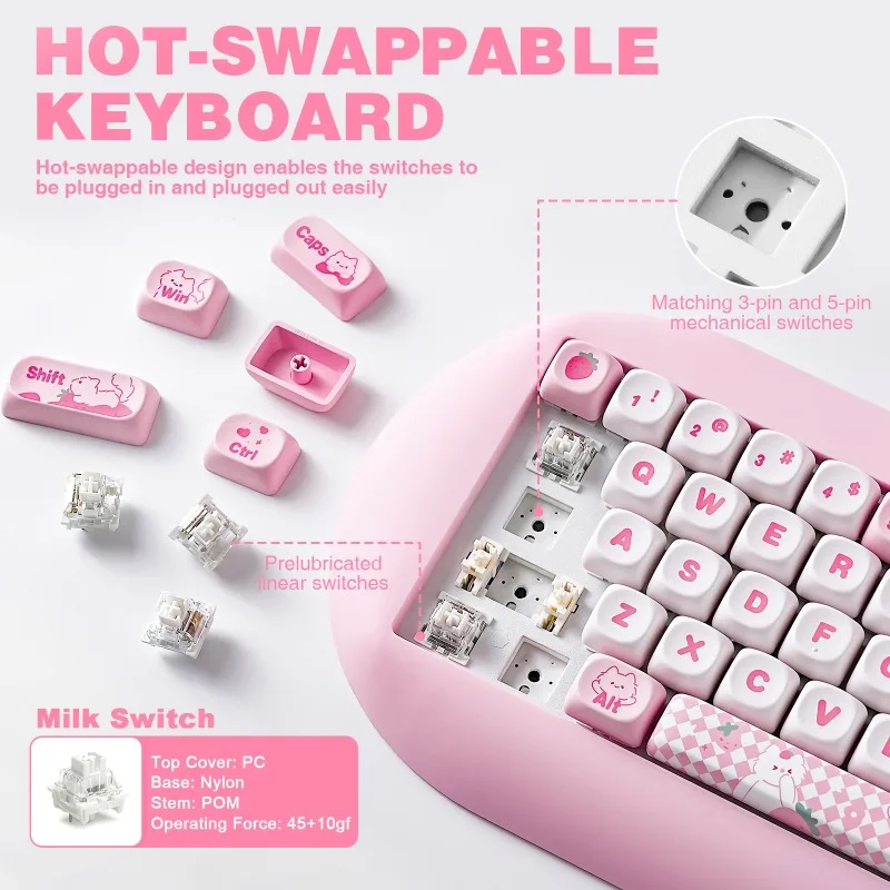 Imagem -03 - Mifuny-teclado Mecânico de Silicone Cat Hot Swap Rgb Backlight bt 5.0 2.4g com Fio Rgb Tri Mode Bonito Rosa Girl Gaming pc