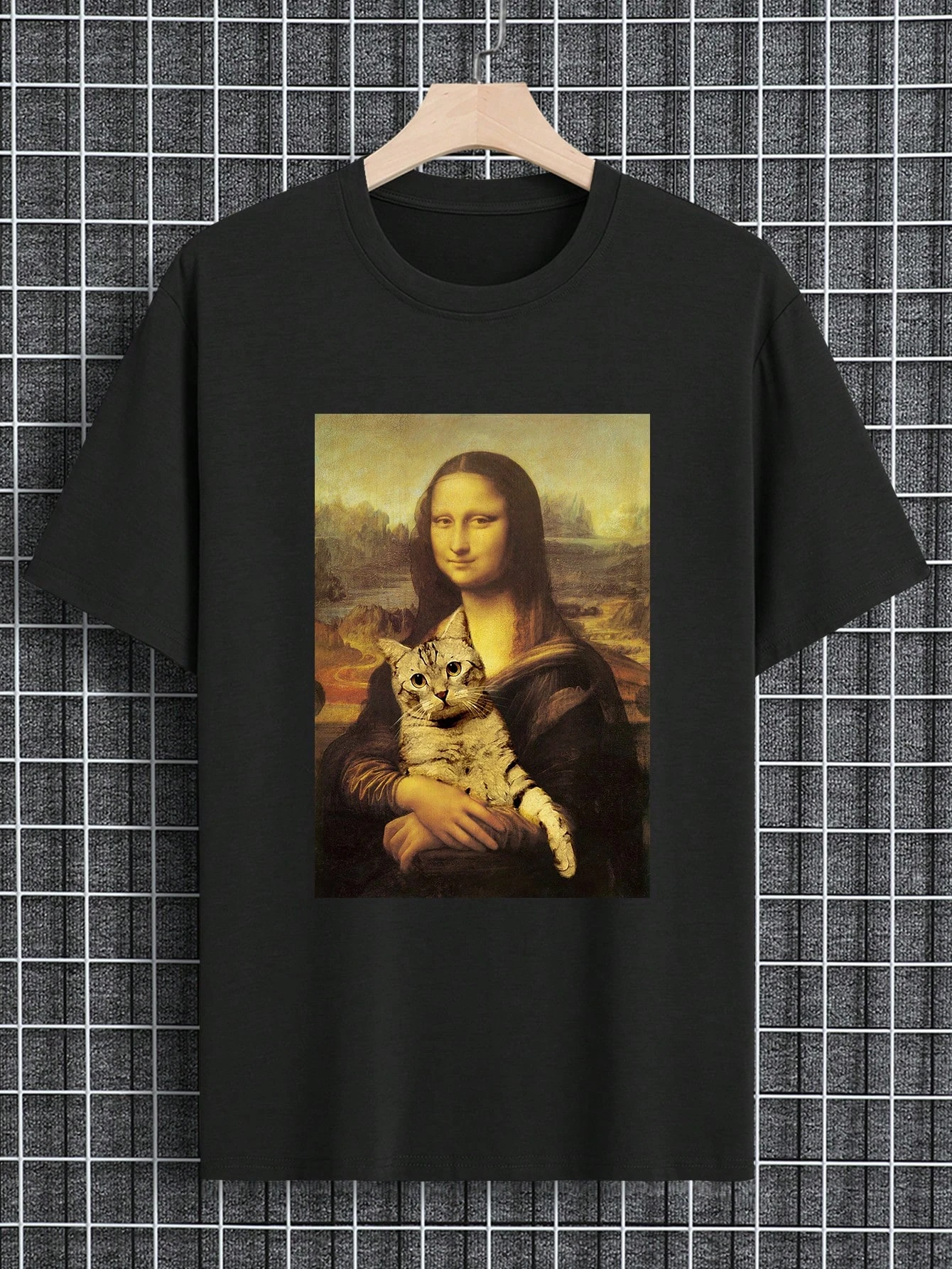 رائجة البيع مانفينيتي دوومو الرجال الموناليزا طباعة المحملة ريترو الشارع الشهير عالية الجودة طاقم الرقبة قصيرة الأكمام تي شيرت رجالي #1