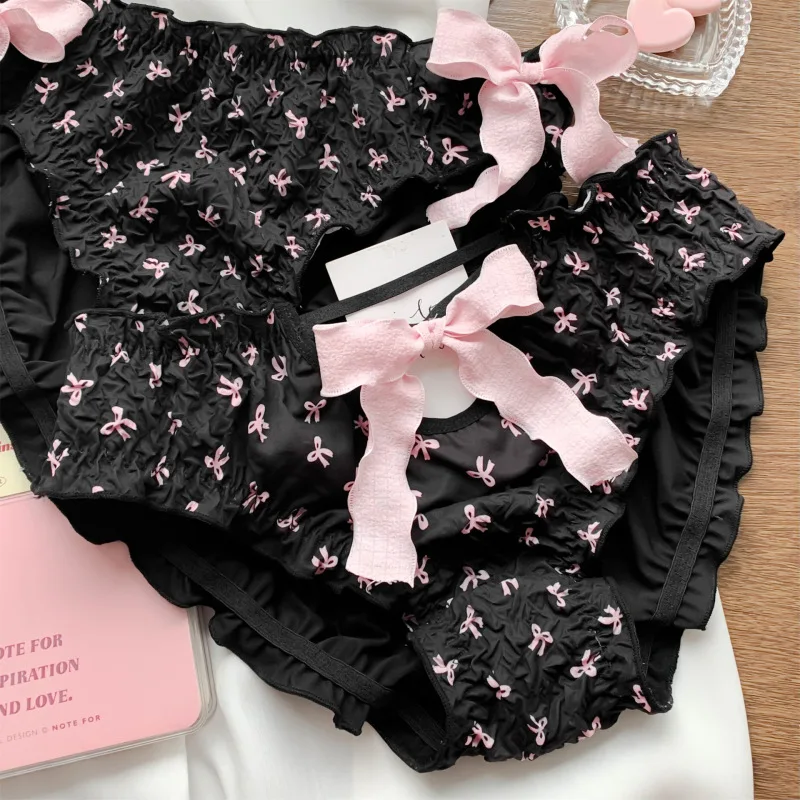 Women Milk Silk Bow Ruffle Fold Underwear Cute Lovely Sweety Panties Princess Style High Stretch Breathable Soft Breifs