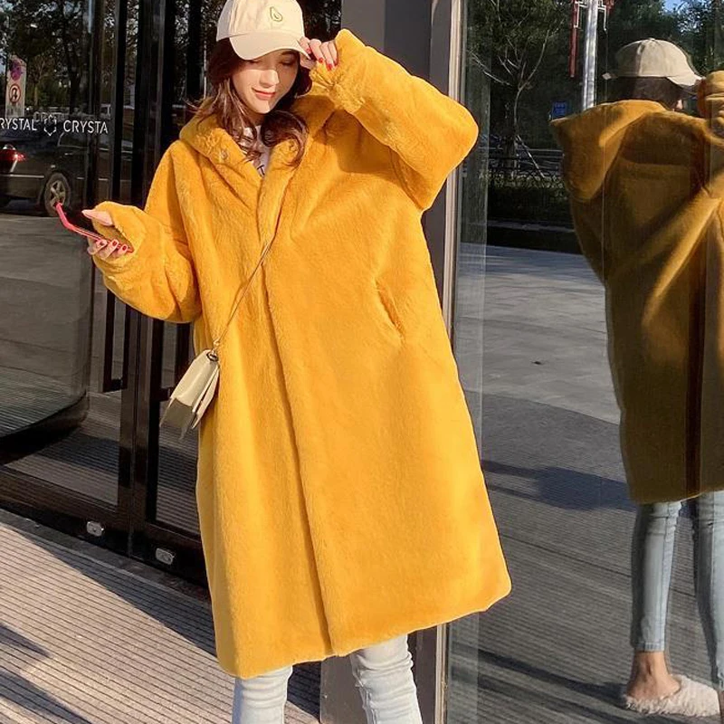 2023 nuove donne inverno cappotto finto con cappuccio cappotti di pelliccia lunghi spessi caldi peluche femminile Plus Size soprabito allentato