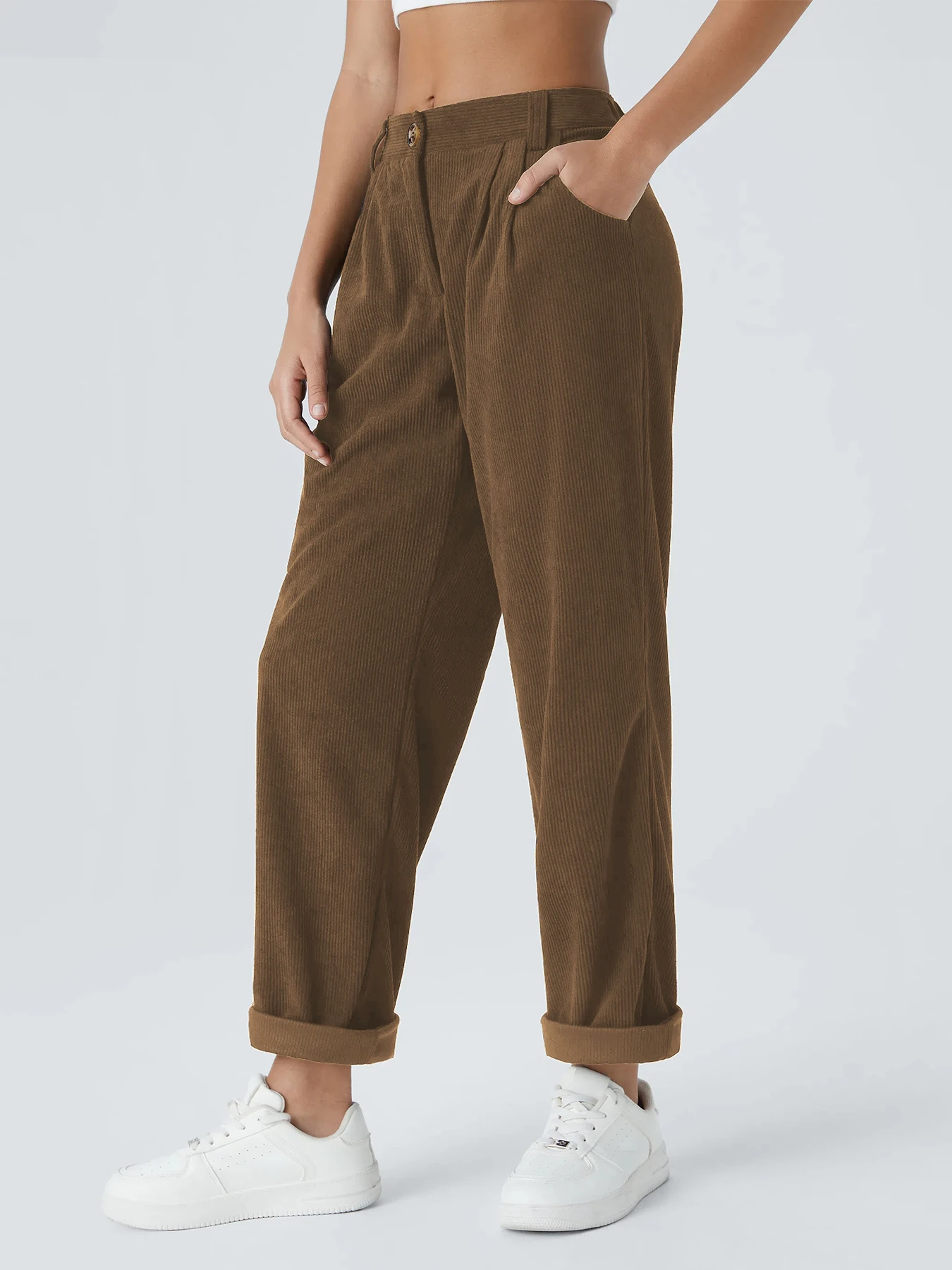 Neue Herbst- und Winter-Freizeitanzüge für Damen in Unifarben aus Cord mit weitem Bein und geraden, samtartigen Hosen, die schlank aussehen – Detail 2