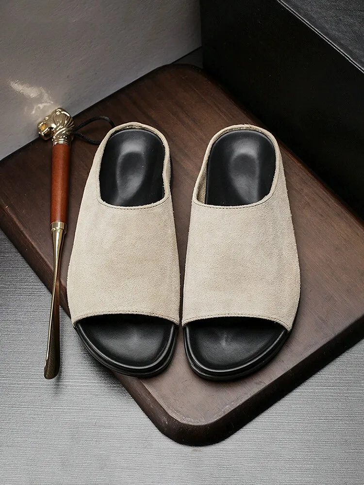 Outside Men Cow Suede Casual Shoes Summer Open Toe Non Slip Genuine Leather Sandal Breathable Summer Footwear Male Beach Sandals