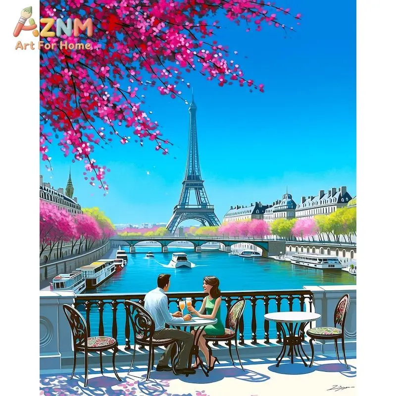 AZNM, Paris Eiffel Tower Street Landscape Canvas Wall Art, 2D Flat Frameless Print, Romantic French City Scenery Painting, Home