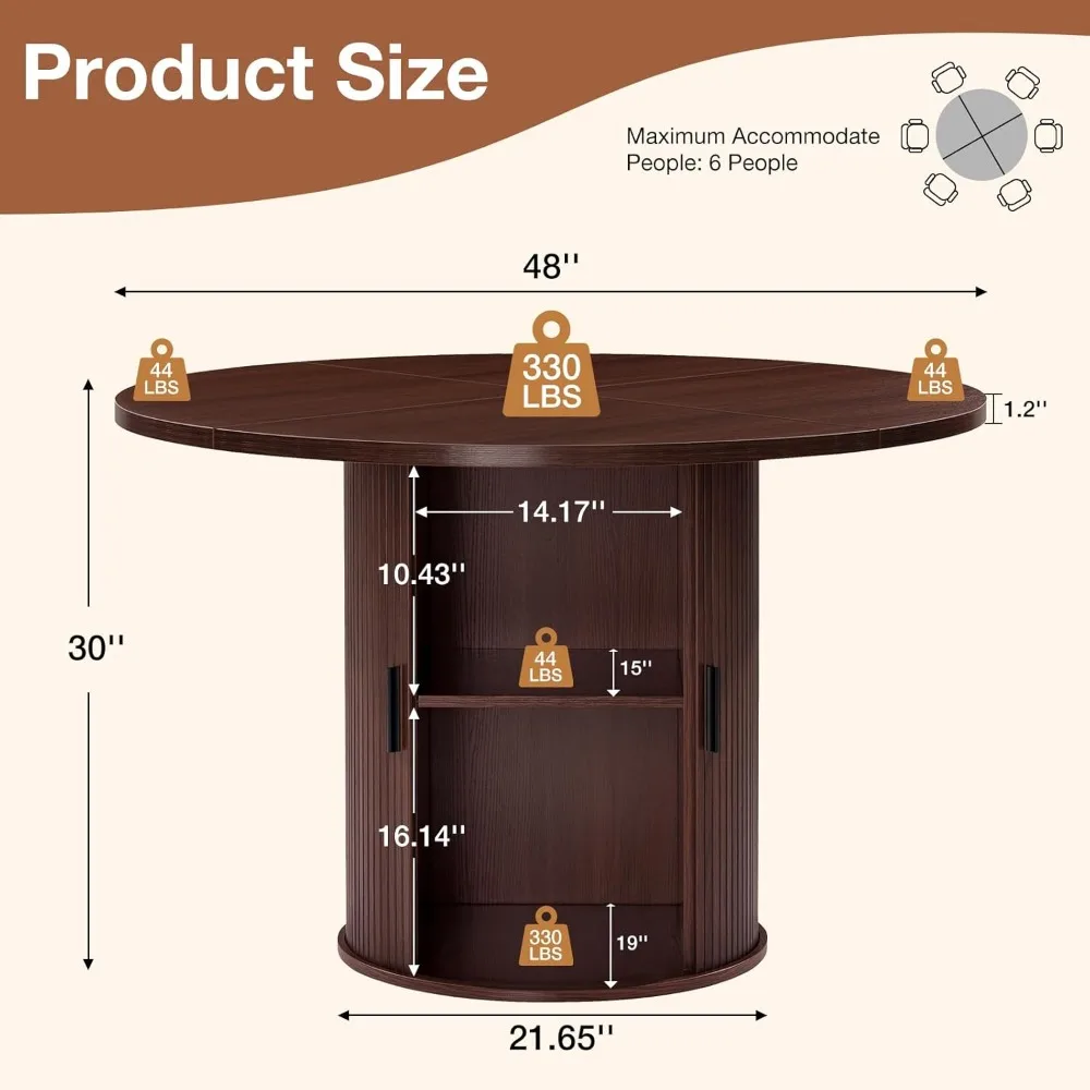 48'' Round Dining Table for 4 Kitchen Dining Table with Storage Dinner Table with 2-Layer Shelf and Wood Slide Door, Practical S