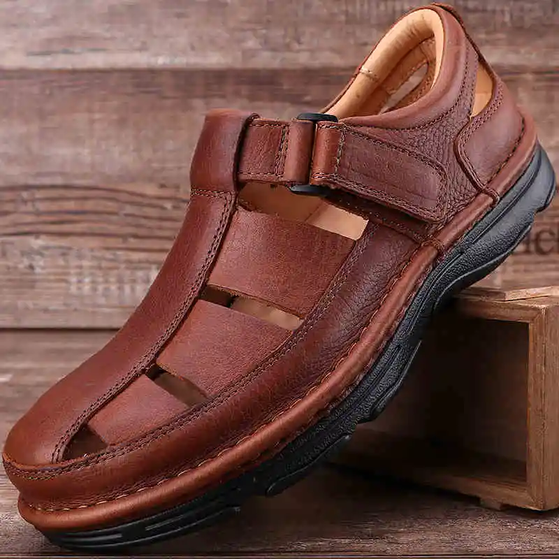 

Мужские сандалии ручной работы с круглым носком, летние, на платформе, из кожи, с мягкой нескользящей подошвой, пляжные, дизайнерские, новинка