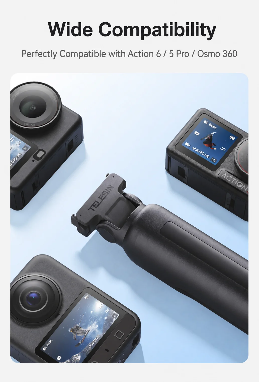 TELESIN 3-in-1 Action-Kamera-Ladehandgriff Doppel-Akku-Schnellladegerät Vlog-Griff Stativ für DJI Osmo Action 6 5 Pro Osmo 360 – Detail 7