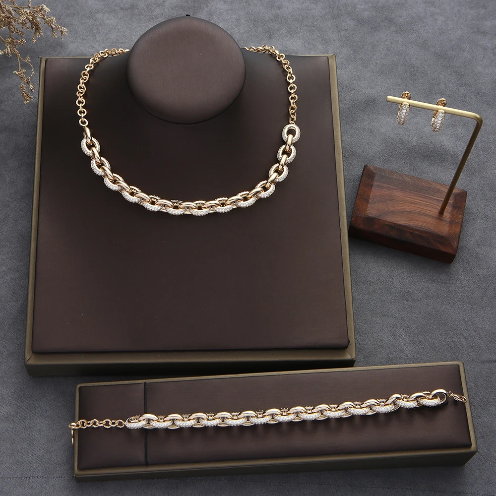 Luxury Splicing Double Ring Chain Necklace Earring Bracelet Sets Stackable For Women Girlfriend Wife Gift Mujer Moda S300