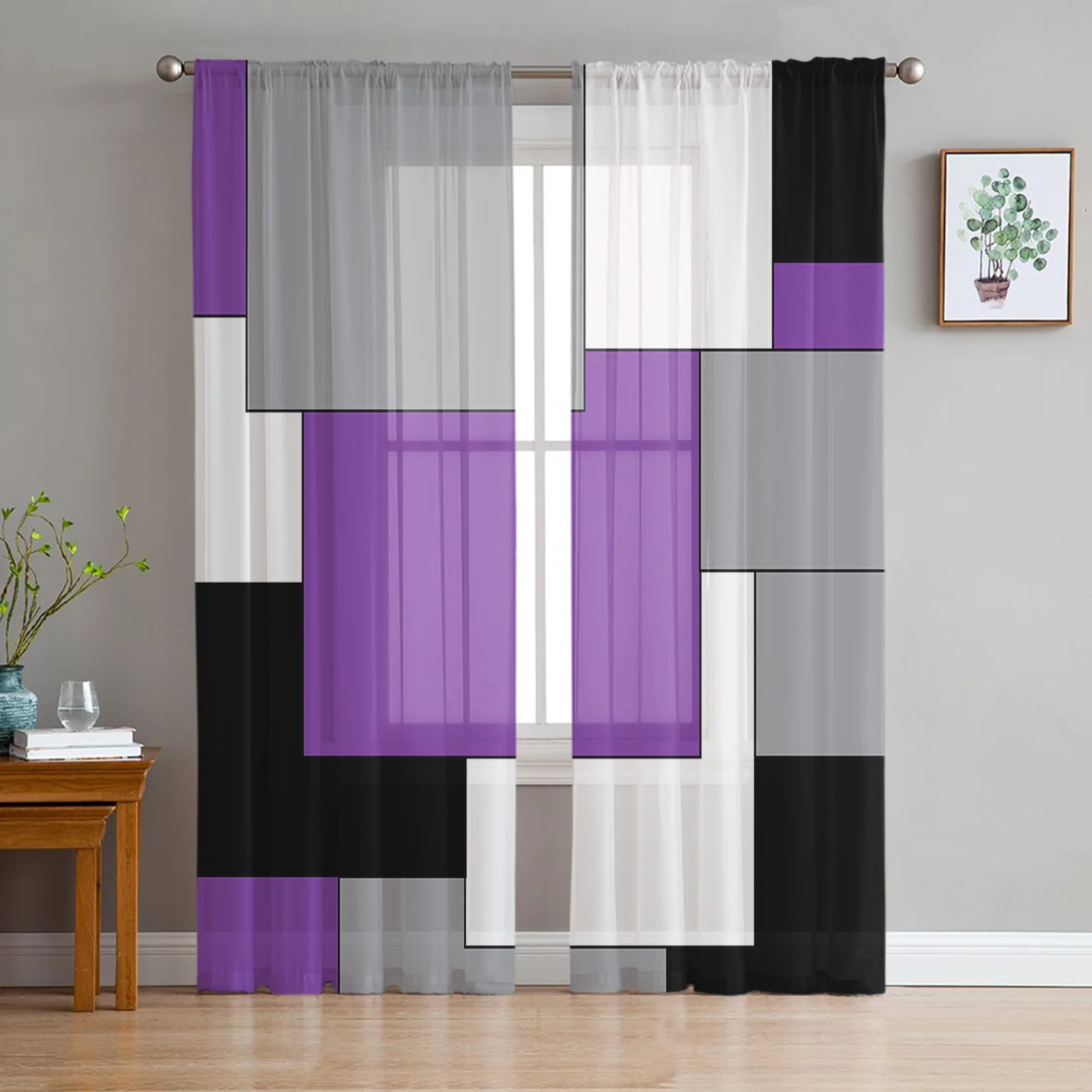 Purple Black Grey Patchwork Abstract Art Medieval Style Sheer Curtains Living Room Window Curtains Kitchen Tulle Voile Curtains