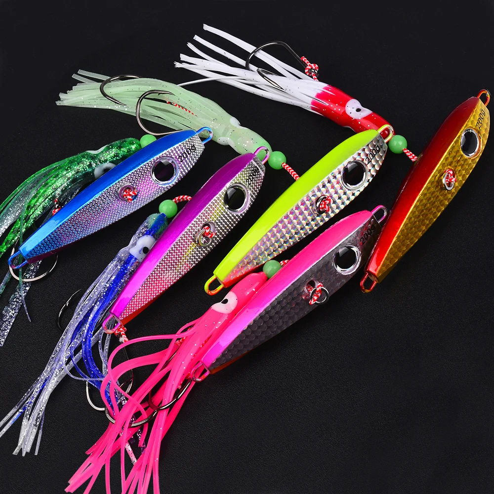 PROBEROS Sea Fishing Tuna Fake Lures 2pc Luminous Squid Skirt Double Hook Fish Bait 60-200g Deep Sea Slow Shake Iron Plate Bait view 6