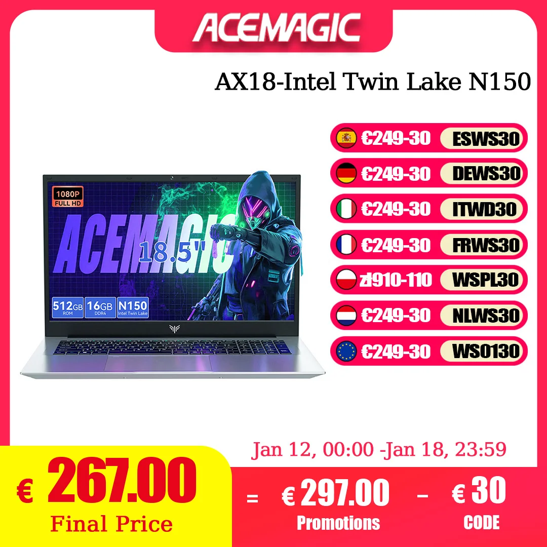 ACEMAGIC 18.5 "ordinateur portable Windows 11 PRO 8000 mAh batterie Intel N150 processeur Quad-Core 16GB DDR4 RAM 512GB SSD Wifi5