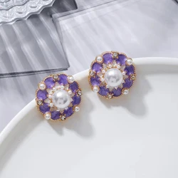 Temperament Purple White Enamel Flower Clip Earring for Women Elegant Pearl Rhinestone Non Pierced Ear Clips Jewelry Pendientes