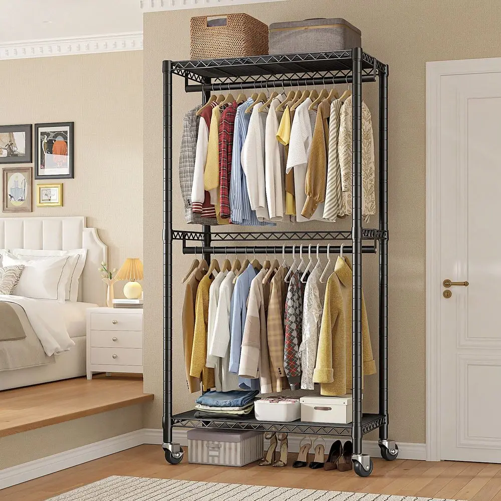 

Heavy Duty Adjustable Metal Clothing Rack On Wheels Versatile Rolling Garment Rack For Home Decor, Room Organization, And Back