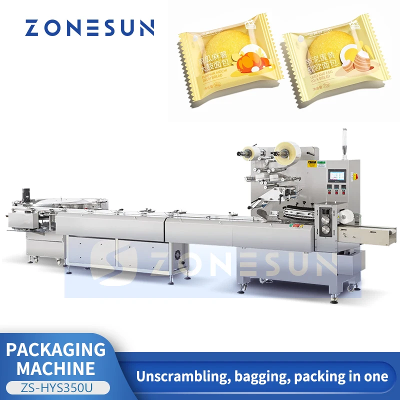 ZONESUN Horizontal Bagging Machine Full Automatic Bread Cake Snack Food Unscrambling Film Bag Sealing Packaging ZS-HYS350U