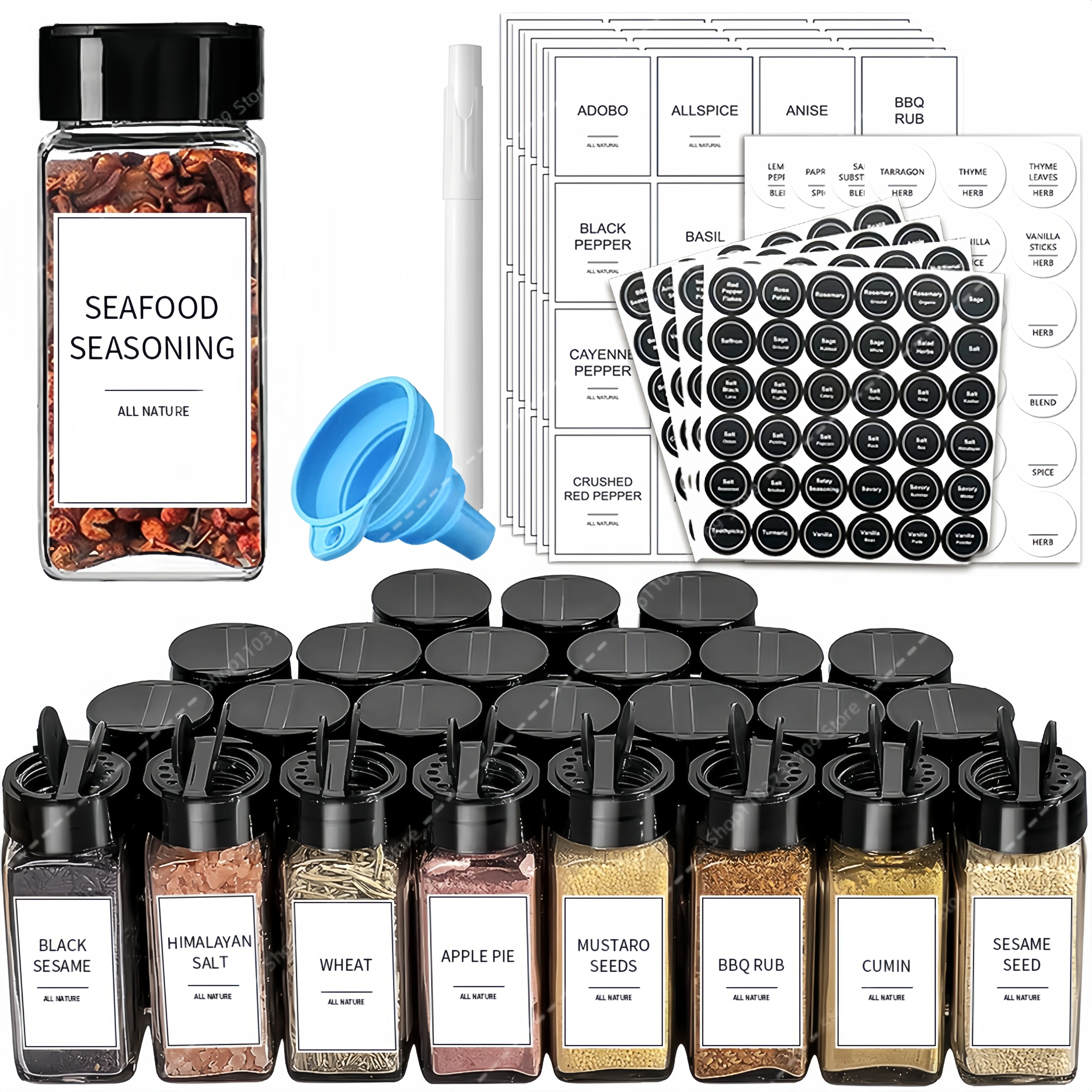 12pcs Spice Jars With Label Seasoning Containers Salt Glass Spice Jars With Black Shaker Lid Pepper Shakers Spices Container Set
