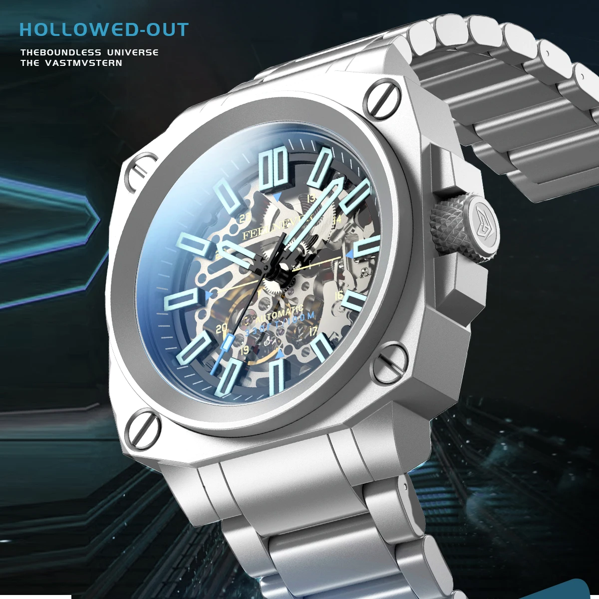 FeelNever Top Brand Luxury Mechanical Man Watch Stainless Steel Hollow Out 100M Waterproof Casual Sport Automatic Luminous Clock