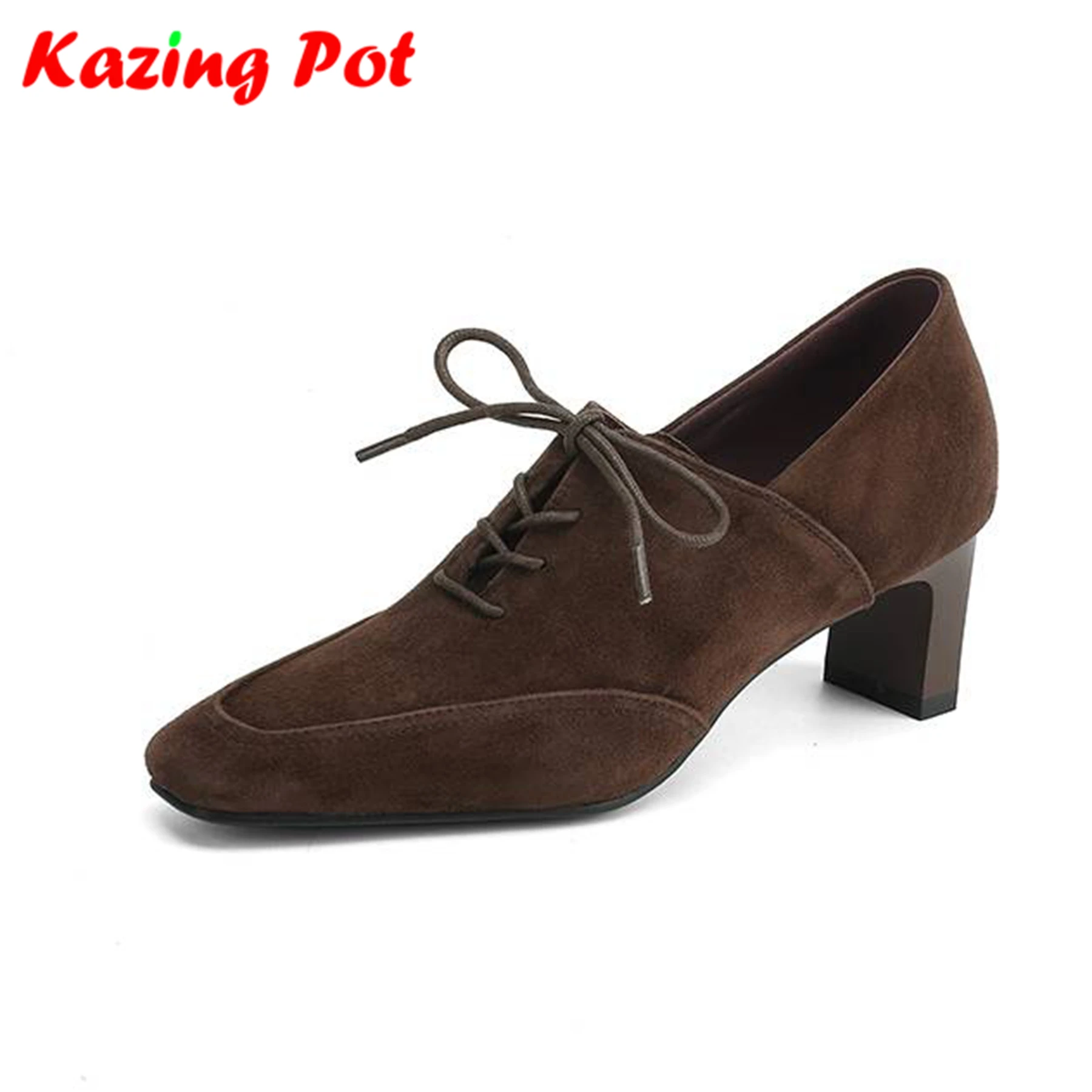 

Элегантные женские туфли Krazing Pot из овечьей замши на массивном каблуке с квадратным носком, на шнуровке, с глубоким вырезом, высококачественные, современные, весенние