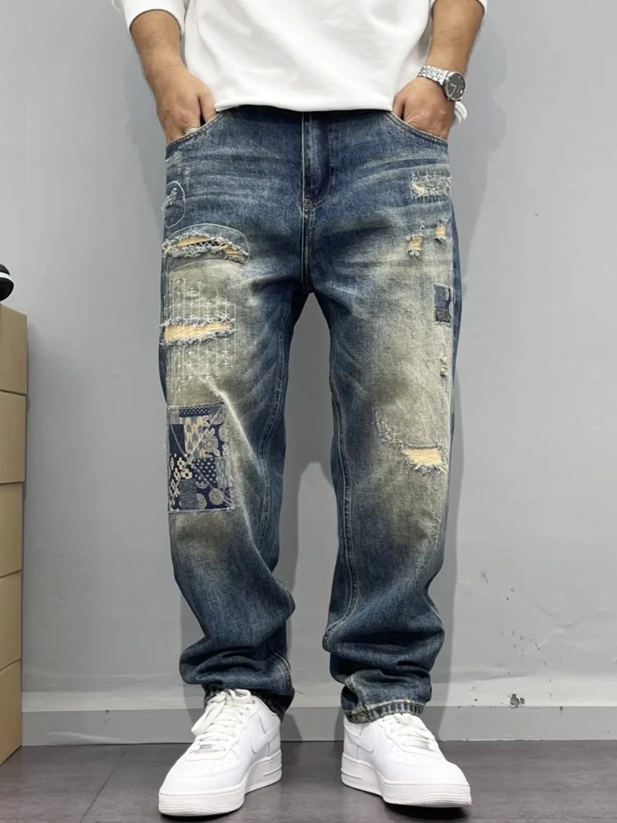 

Retro American Style Men's Jeans Distressed Patchwork Straight Leg Casual Loose Fit High Street Hip Hop Long Trousers