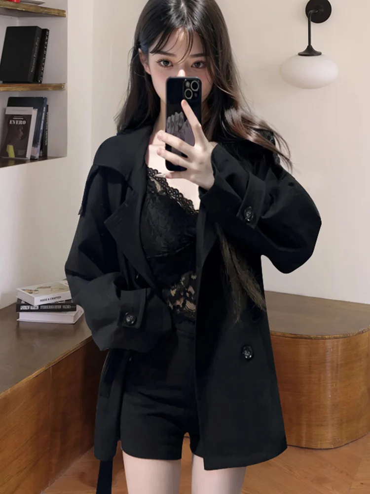 

Coats For Elegant Women Leather Trench Coat Medium-Length Waist-Fitted Ladies' Tie-In Outdoor Double-Breasted Spring Summer