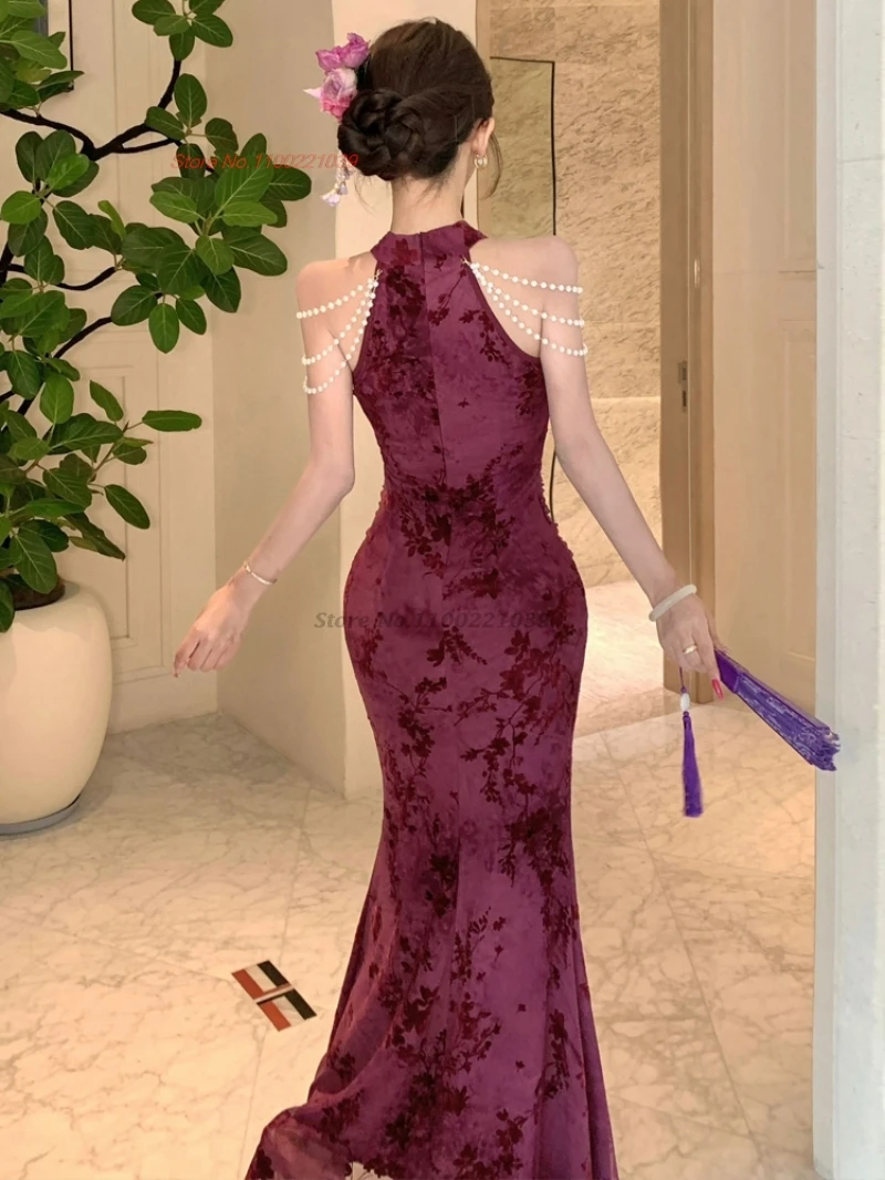 2025年オリエンタルナイトクラブドレス改良版チャイナドレス伝統的なジャカードベルベットノースリーブ袍ドレスボディコンバンケットドレス袍