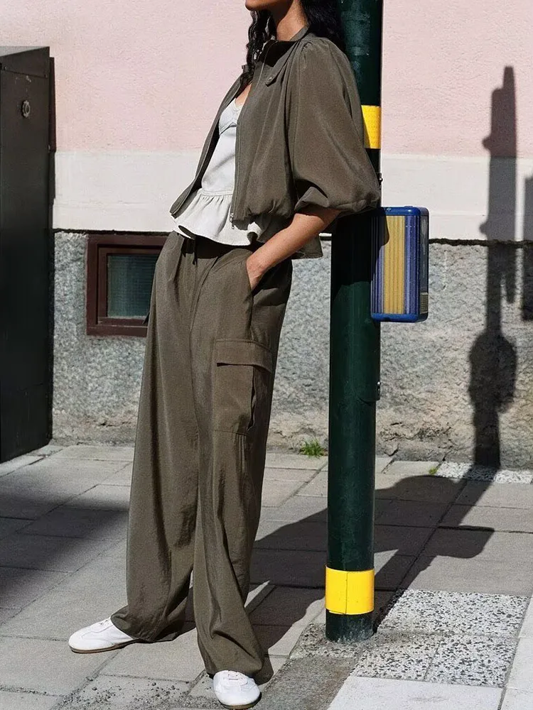 Fall 2026 New Bubble Hem Jacket Casual Style Long Sleeve Zipper Closure Women's Workwear Trousers Cuffed Loose Fit Outerwear