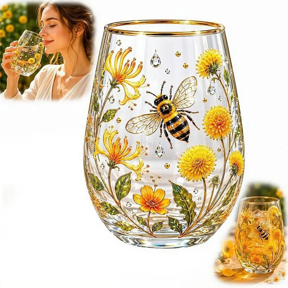 Transparent Hummingbird Joy Tea Cup Pastoral Style Gold Rimmed Garden Glass Tea Cup Enamel Floral Bird Design Water Tea Cup