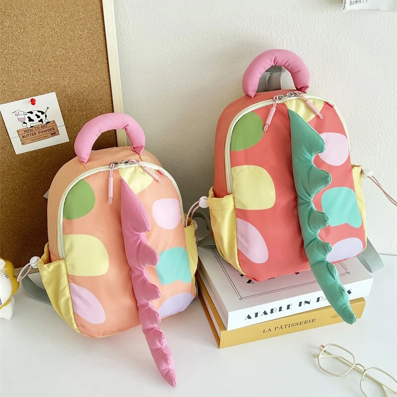 Funny Cartoon Dinosaur Nylon Backpack For Boys ＆ Girls Large Capacity Kids Outdoor Travel Backpack Colorful Polka Dot Schoolbag