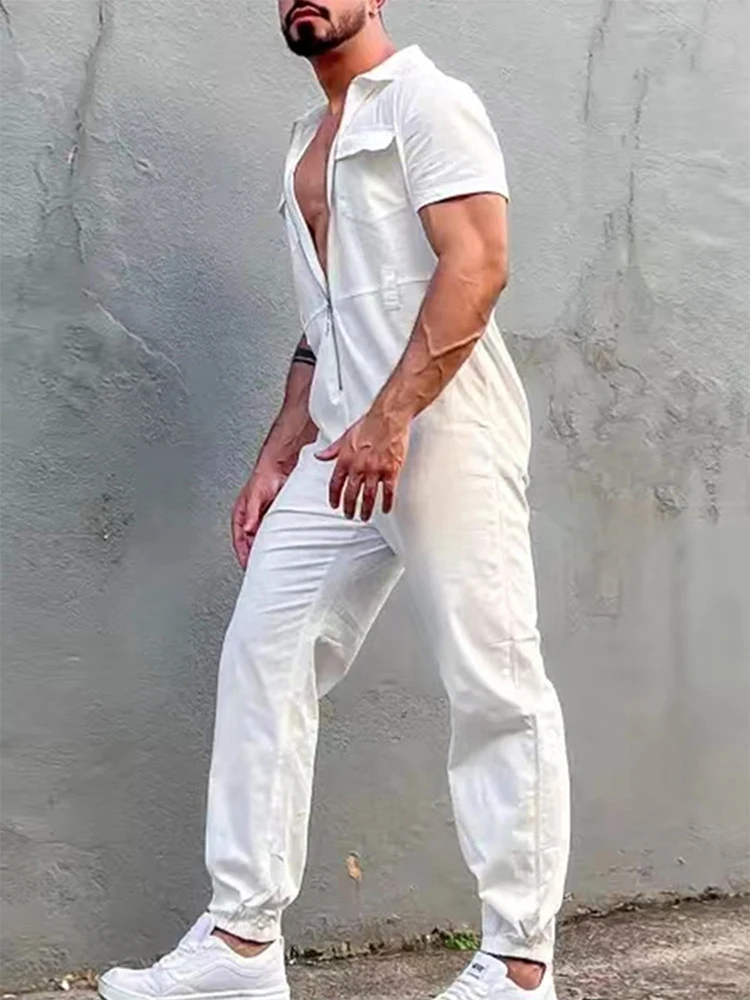 Mono holgado de manga corta para hombre, ropa de calle con solapa y cremallera, pantalones Vintage, moda de verano