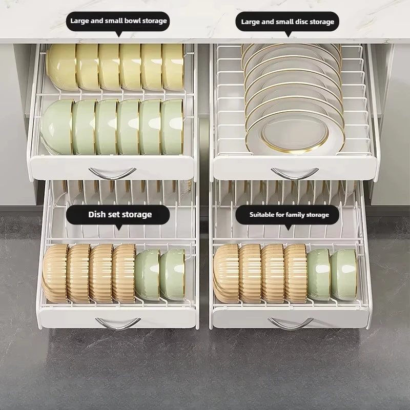 Kitchen Dish Storage Rack Drain Rack Built-in Basket Drawer Style Utensil Shelf and Drainage Storage Rack No Drilling Required