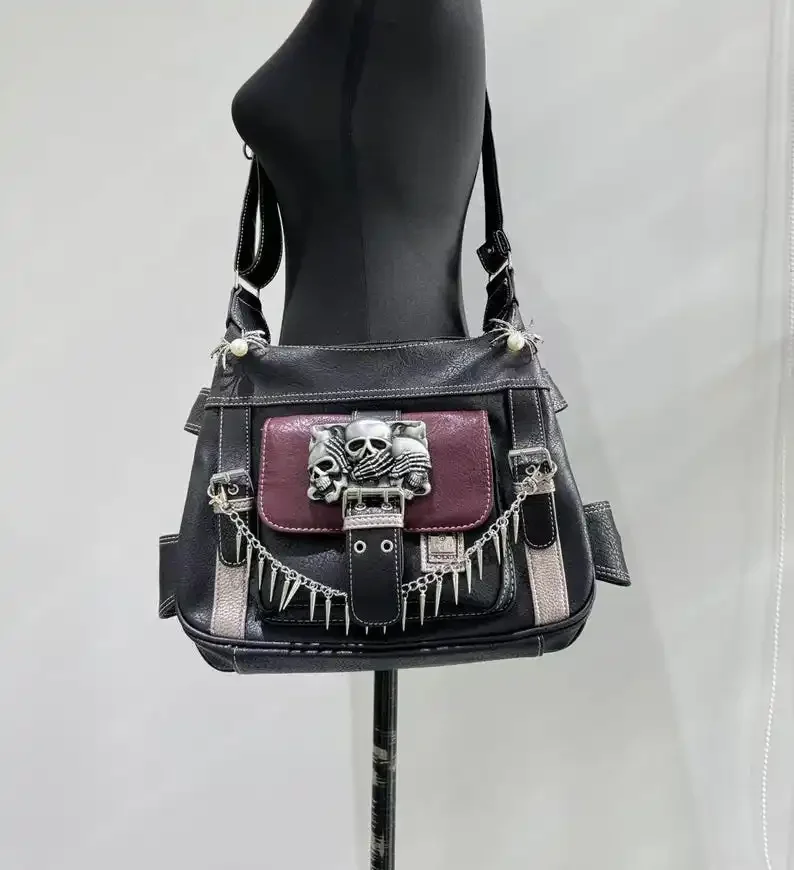 PU Leather Crossbody_bag for Men and Women Y2K Punk Skull Patch Messenger Bag