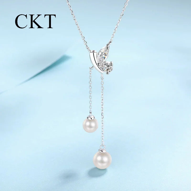 18K White gold Original Pearl Necklace Moissanite Pendant for Women of Luxury Platinum Pt950 Tassel Collarbone Chain Jewelry