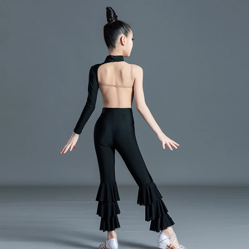 Crianças roupas de dança latina meninas de manga única topos babados calças preto prática terno cha cha dança desempenho traje bl8072
