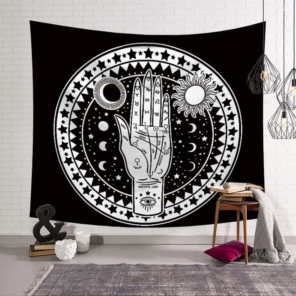 Many Fractal Faces Celestial Palmistry Hand Energy Mystic Black And White Witchy Wall Art By Ho Me Lili Tapestry Home Decor