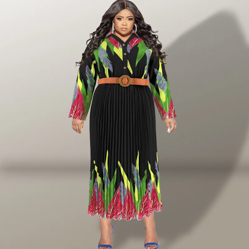 XL-5XL Plus Size African Dresses for Women Autumn Elegant African Long Sleeve V-neck Pleat Maxi Dress Dashiki African Clothing image 3