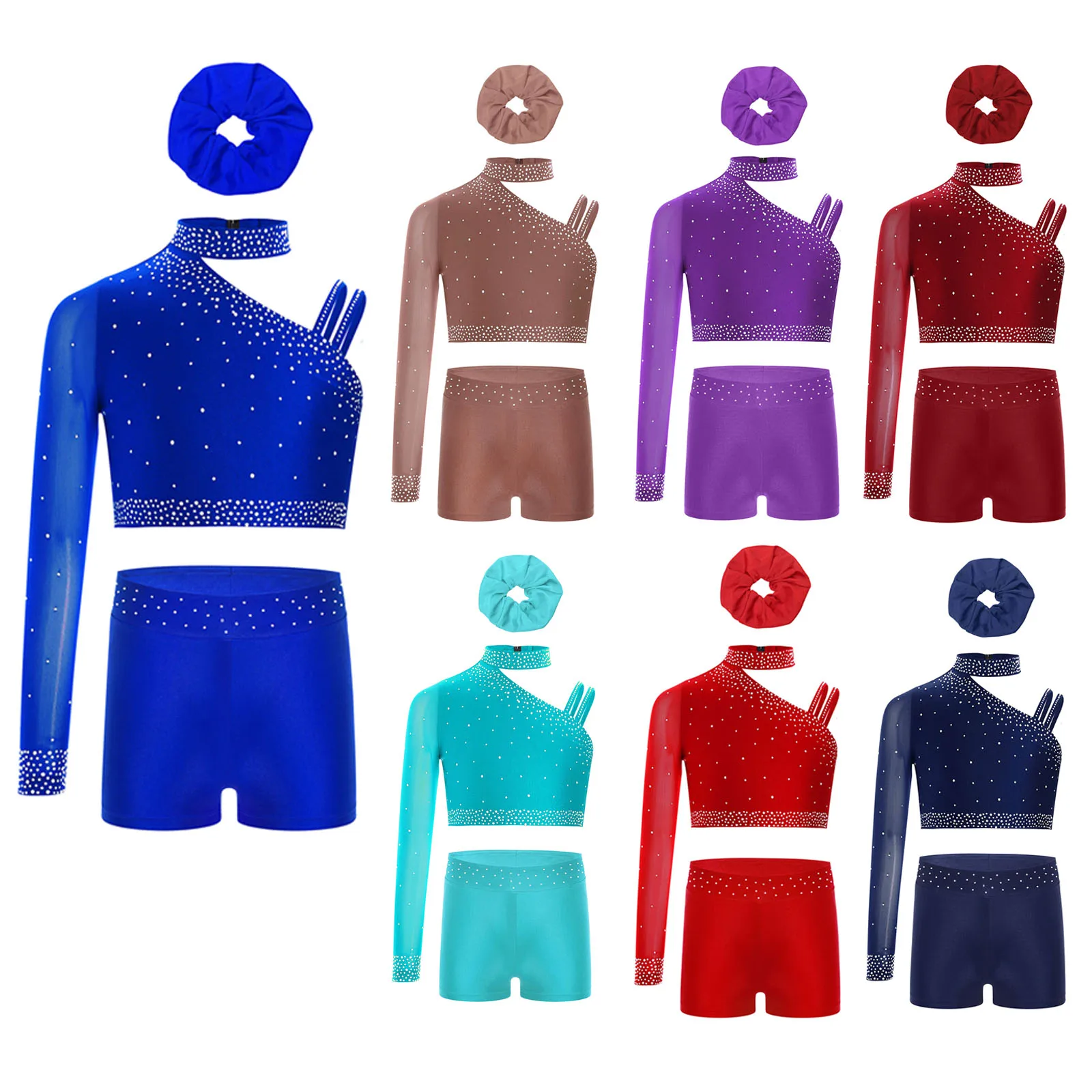 Enfants filles patinage artistique Ballet danse gymnastique acrobatie tenue une épaule strass haut court avec short bandeau