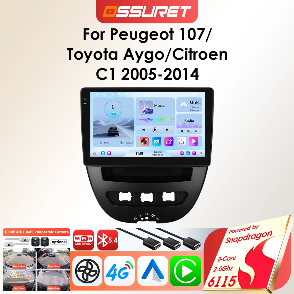 OSSURET Android-Autoradio-Player für Peugeot 107 Toyota Aygo Citroen C1 Auto-Multimedia Wireless Carplay Audio von Snapdragon 6115