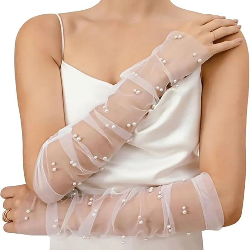

Removable Lace Long Bridal Gloves Hollow Out Replicated Pearls Transparent White Wedding Women Decoration Arm Sleeves