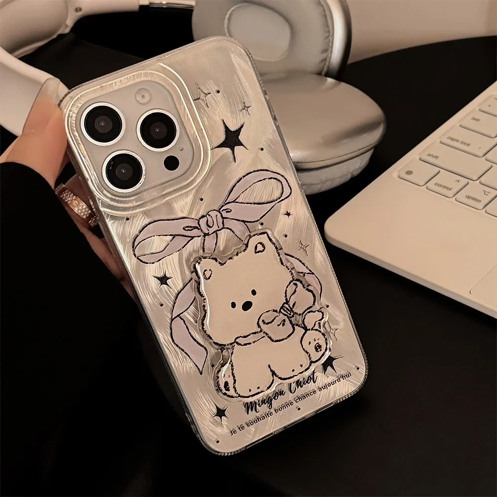 Luxury Silvery Feather Yarn Bow Phone Case for iPhone 15 14 13 12 11 Pro Max Plus Bowtie Puppy Stand Bumper Cover