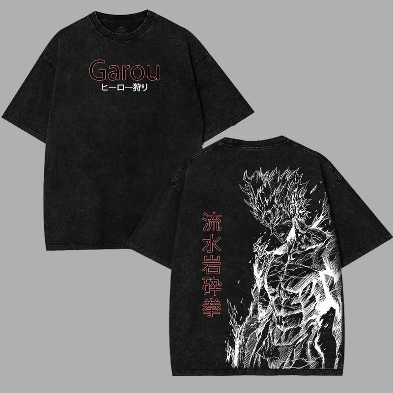 가루 원펀맨 프린트 티셔츠 남성 의류 스트릿 Y2K 빈티지 워싱 티셔츠 캐주얼 애시드 워싱 고품질 소프트 티