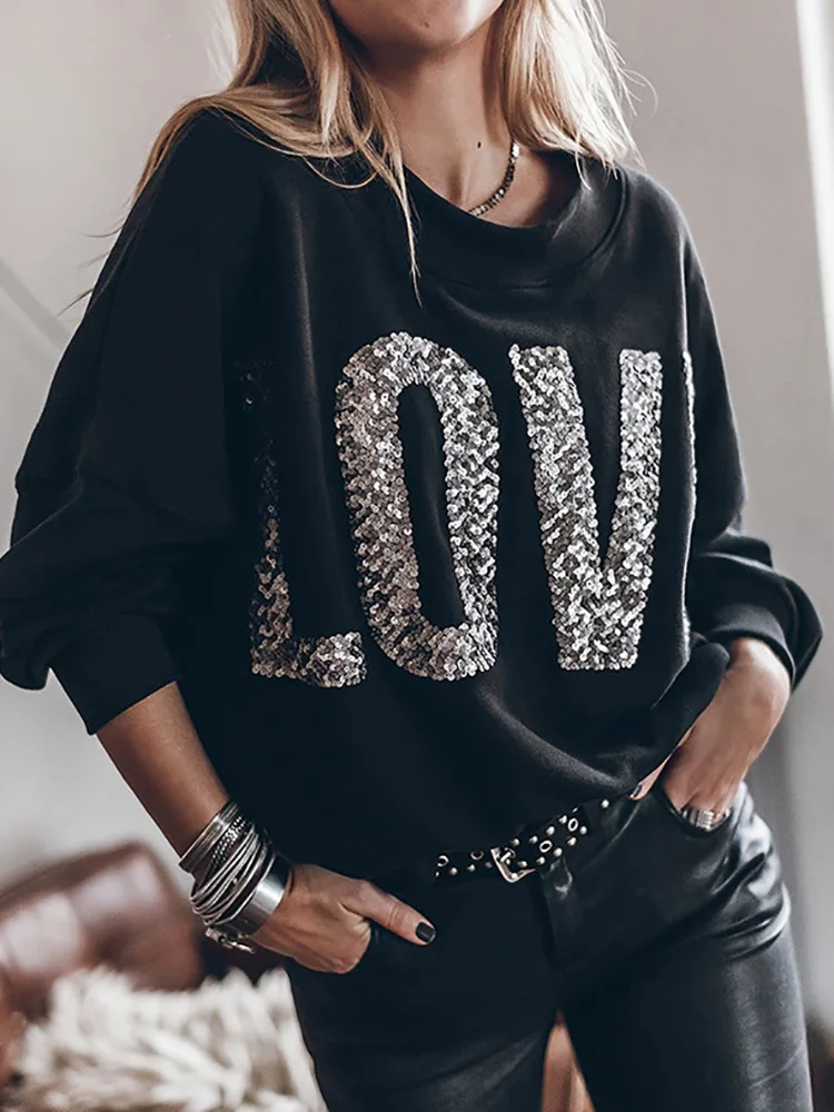 O-Neck Long Batwing Sleeve Blouses, Women Autumn Winter Loungewear Fashion Shirts, Sequins Loose Patchwork Ladies Top Streetwear