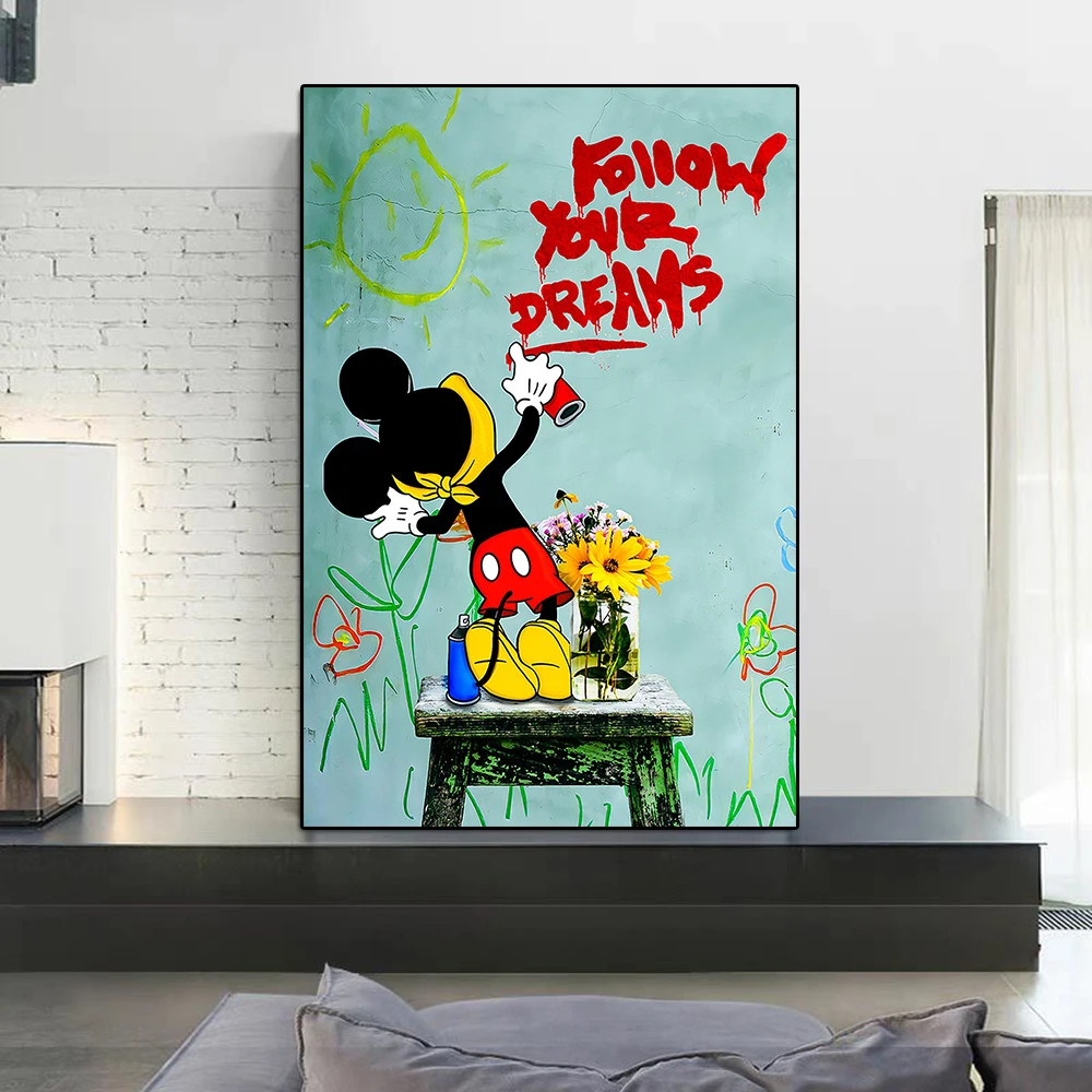 Disney Banksy Mickey Mouse Follow Your Dreams Graffiti Poster Print Cartoon Anime Canvas Painting Colorful Wall Art Room Decor